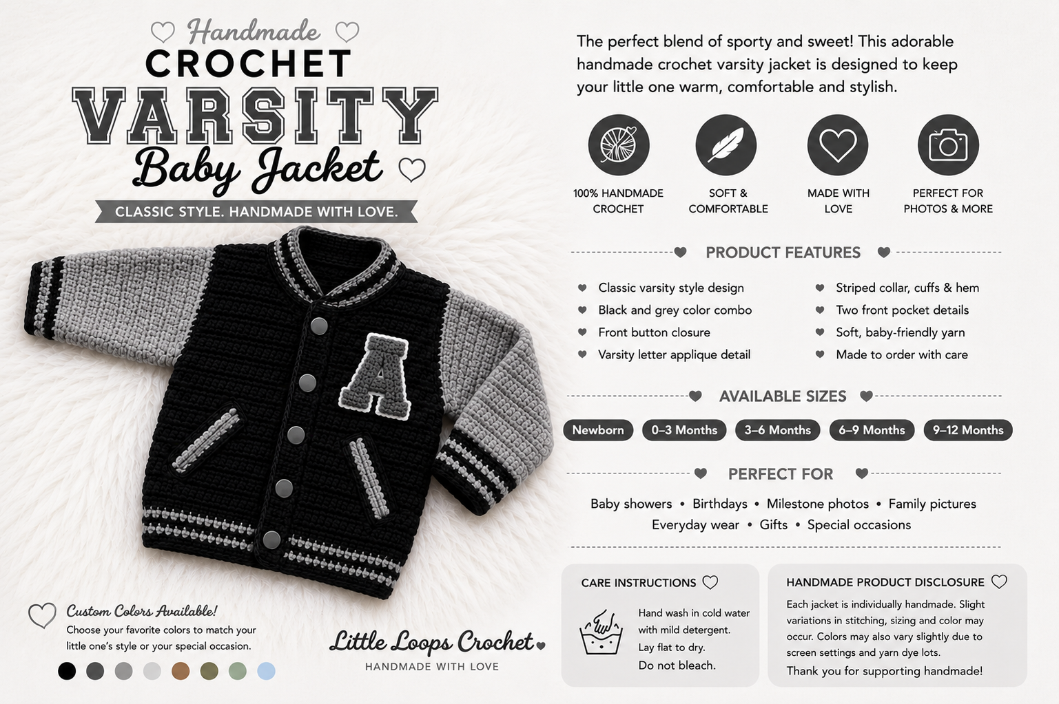🖤❤️ Handmade Crochet Varsity Baby Jacket