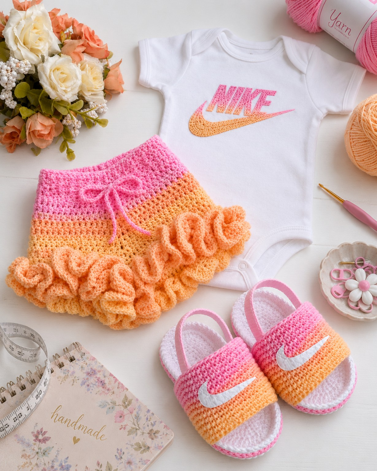 Pink & Orange Crochet Ruffle Baby Set